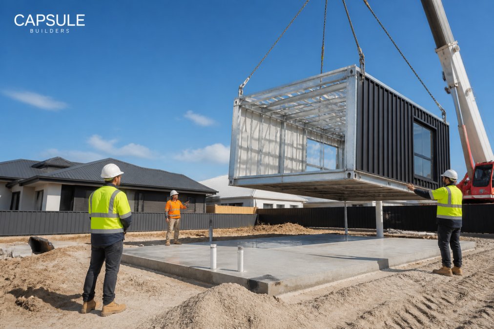 A steel-framed modular home module being lifted by a crane onto a prepared foundation in a sunny Australian suburb, with builders in hi-vis guiding the placement