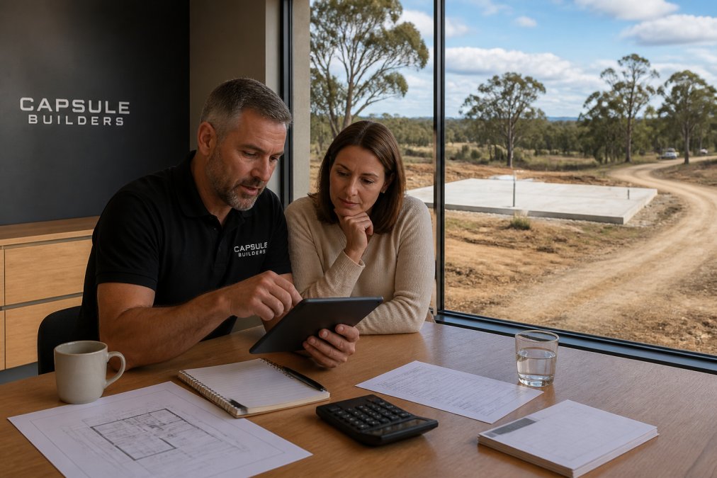 A cleared residential block in a regional Western Australian setting with a concrete slab poured and a site access track visible, an experienced modular builder and client reviewing plans on a tablet in the foreground
