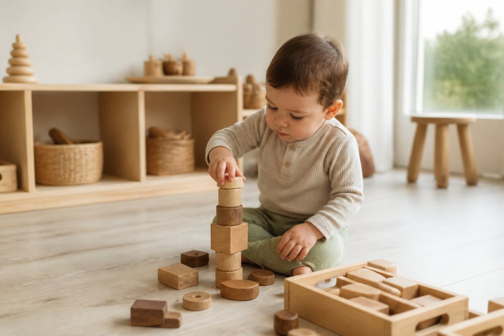 A toddler sitting on a light wooden floor playing with natural wooden toys, concentrating on stacking blocks, soft natural light from a window illuminating the minimalist play space