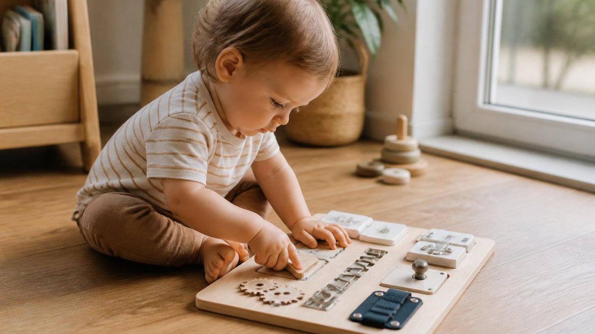 A toddler sitting on a wooden floor, deeply focused on fitting a wooden puzzle piece into a busy board, with natural light from a nearby window
