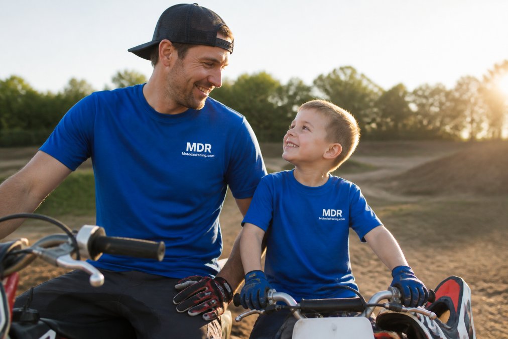 A dad and young child wearing matching motocross-themed tee shirts at an outdoor dirt track, close-up showing the fabric texture and relaxed fit in warm afternoon sunlight