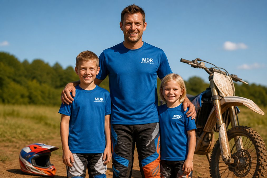 A father and two young children standing together near a motocross bike in a sunny outdoor field, each wearing coordinated motocross-themed shirts in different styles, smiling at the camera