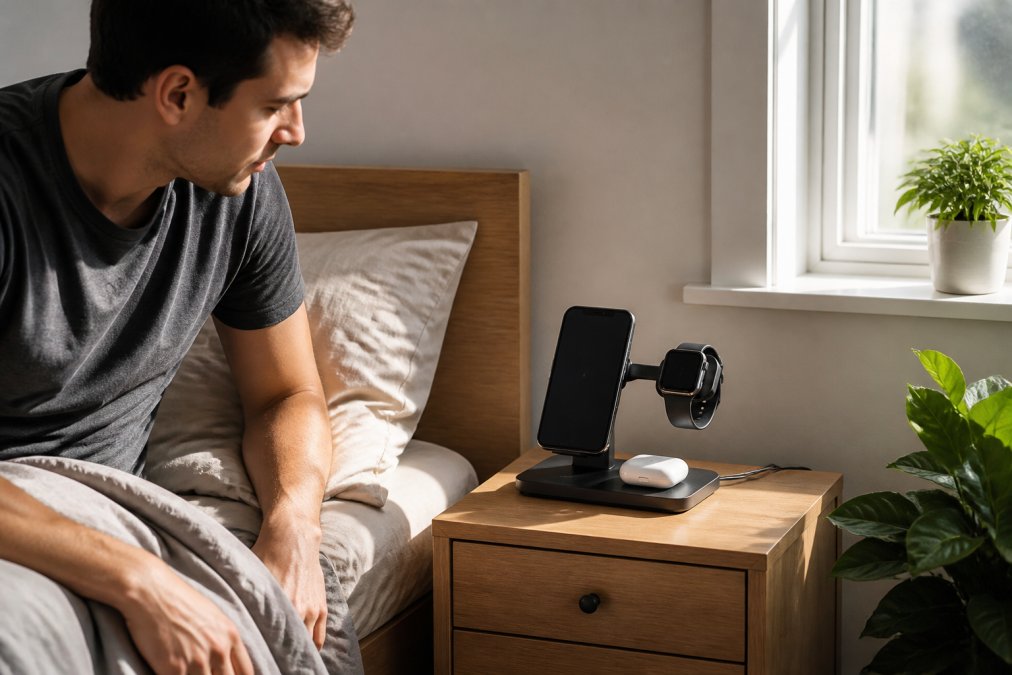 Person in compact apartment bedroom using a foldable wireless charging station on a small nightstand, with multiple devices charging simultaneously, natural morning light streaming through window