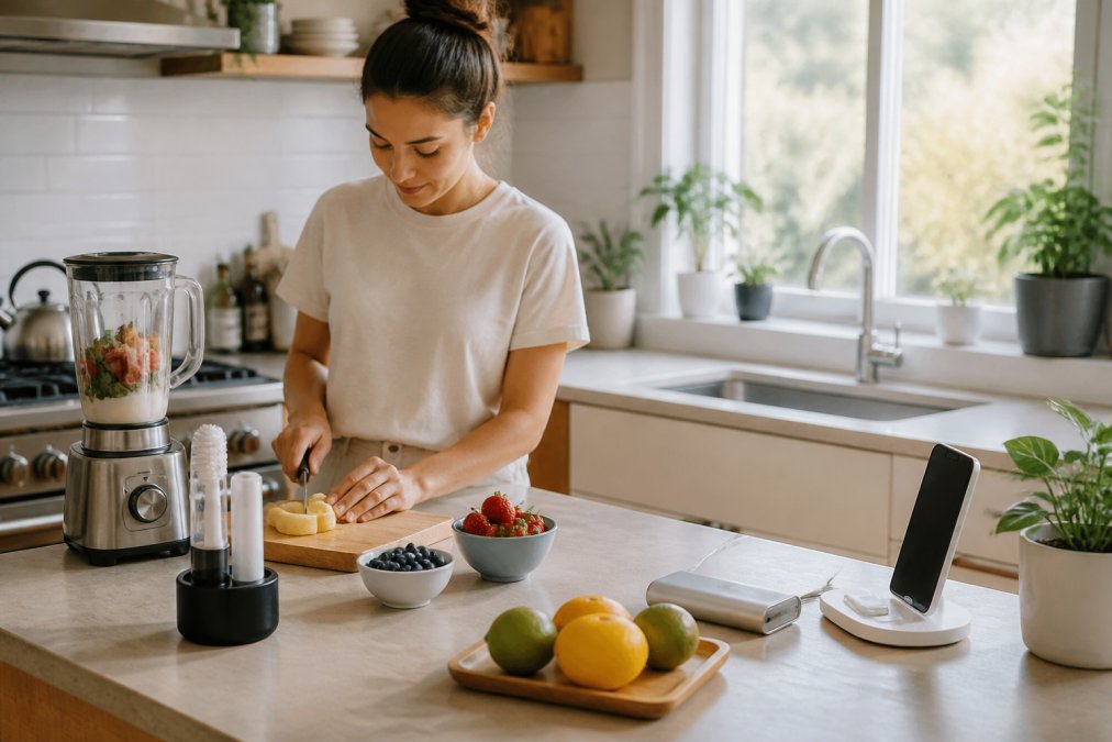 Person in kitchen preparing breakfast with multiple multi-functional gadgets organized on counter, wireless charging station, self-cleaning brush, and power bank, demonstrating morning routine efficiency with natural window light