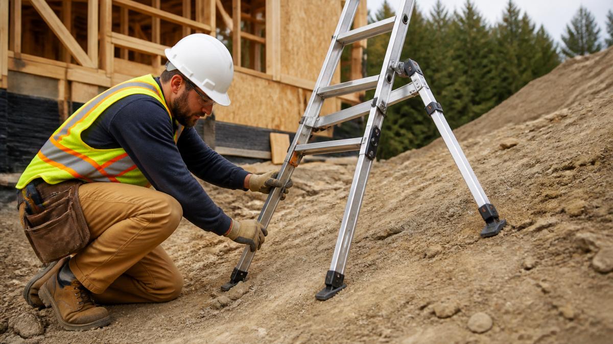 Construction worker adjusting leveling legs on a ladder set up on a sloped dirt job site.