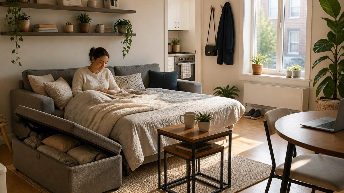 Compact studio apartment with a gray sofa bed, storage ottoman, floating wall shelves, and nesting tables arranged to maximize floor space, natural daylight from window
