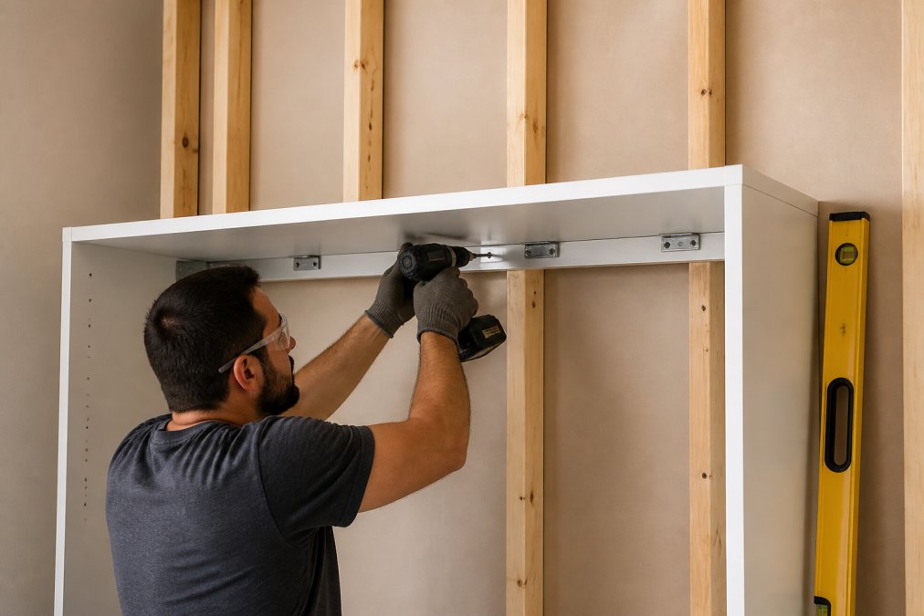 Professional installer anchoring a wall-mounted Murphy bed cabinet to wall studs with hardware and tools visible, demonstrating proper installation technique with precision and care