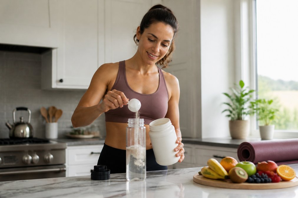 A fit person pouring mushroom electrolyte powder into a water bottle on a kitchen counter with fresh fruit nearby.