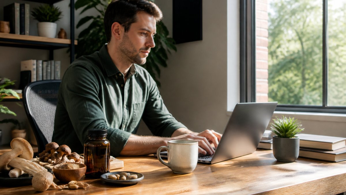 Professional working at a desk with a laptop, morning coffee, and supplement capsules in natural light