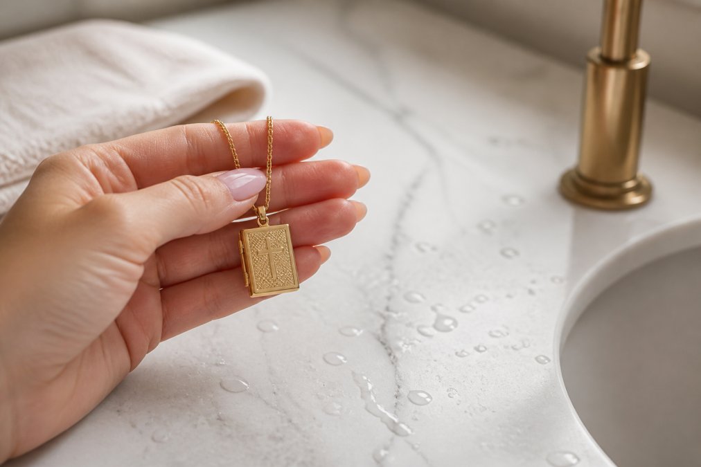 Close-up of a woman's hand holding a gold nano bible pendant necklace near a bathroom sink, the polished gold surface catching soft natural light with water droplets on the counter nearby
