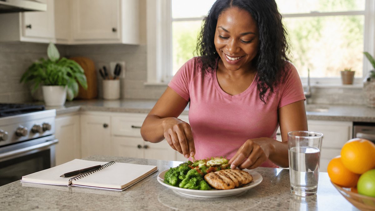 A person in a bright kitchen assembling a balanced plate with lean protein, vegetables, and a glass of water, with a notebook and pen nearby for tracking meals
