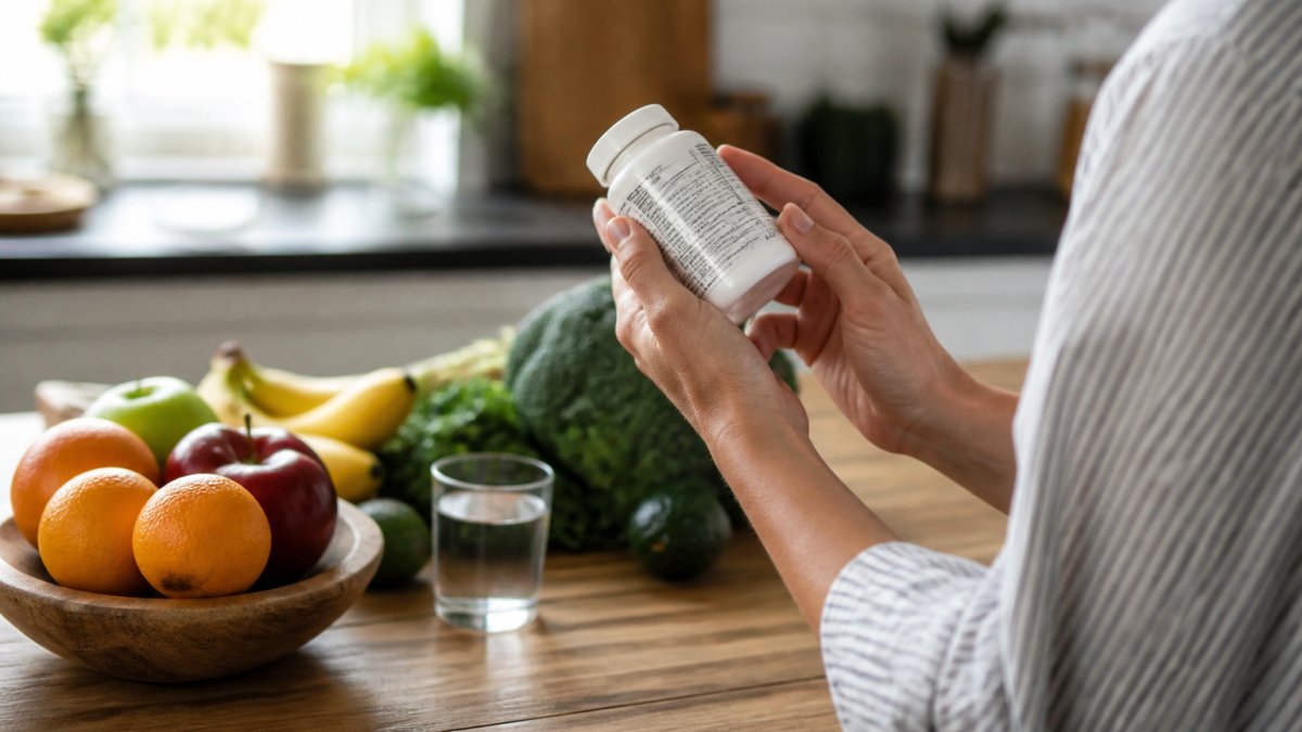 Parent reading the label of natural daily vitamins while standing at a kitchen counter with fresh produce.