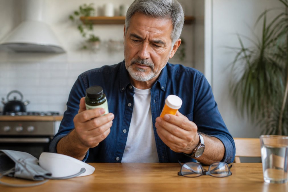 Infographic illustrating dangerous drug interactions between prescription medication and male supplements