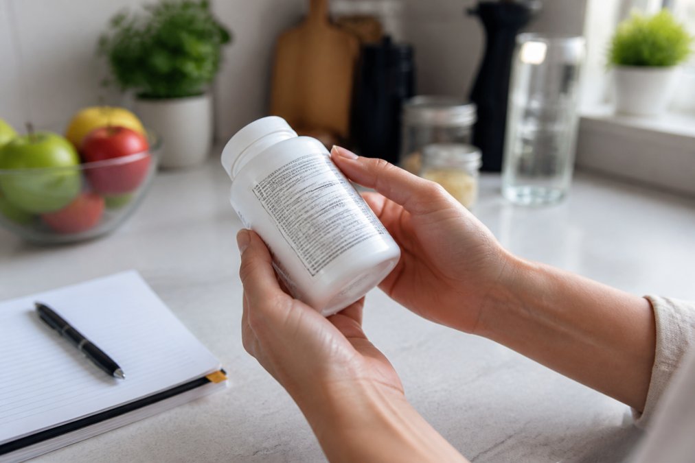 Close-up of hands holding a white supplement bottle, turning it sideways to read the Supplement Facts panel and ingredient list under bright kitchen lighting