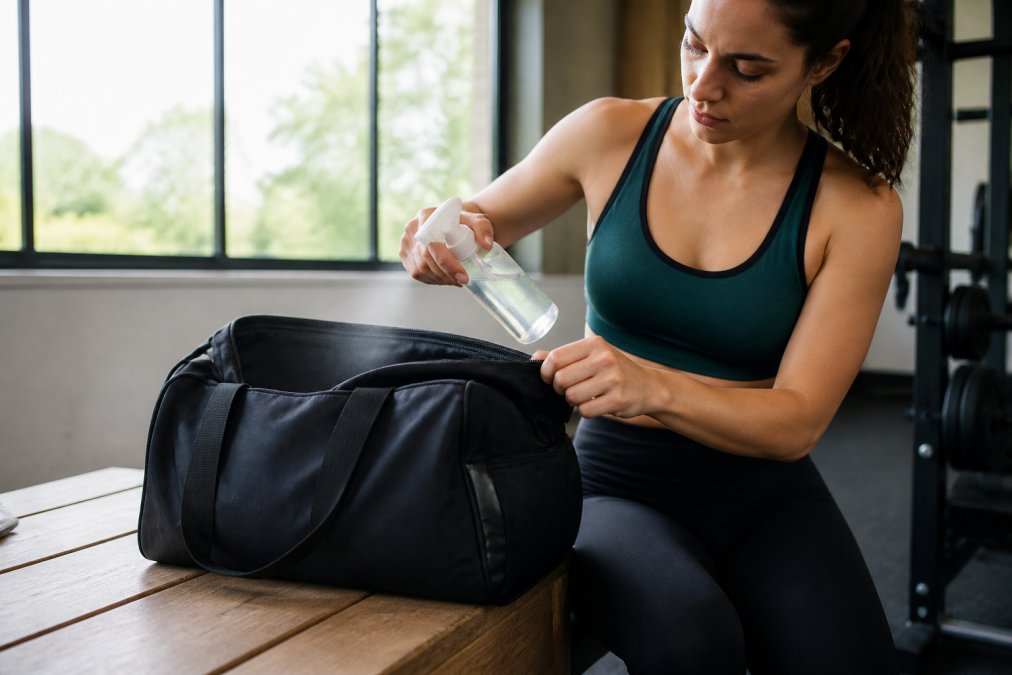 A person spraying a natural odor eliminator onto a gym bag on a wooden bench, a window letting in natural light behind them