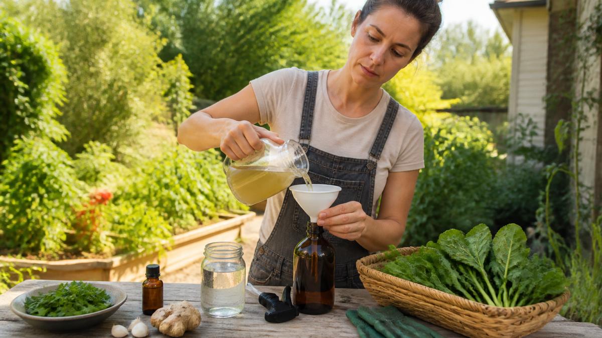 A homeowner in a sunny backyard garden filling a handheld spray bottle with a homemade mixture, leafy vegetable plants and a pair of garden gloves visible on a nearby table