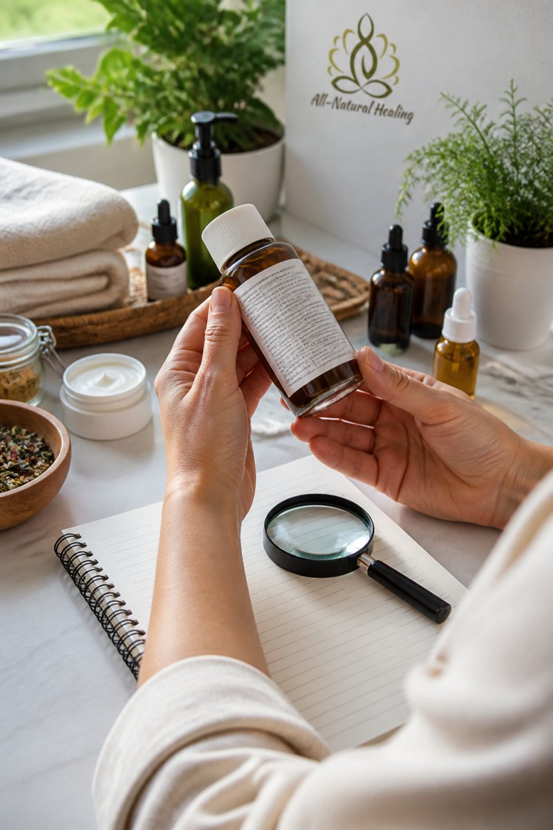Close-up of a person's hands holding a skincare bottle turned to show the ingredient list, with a magnifying glass and a notepad on a bathroom counter in natural light