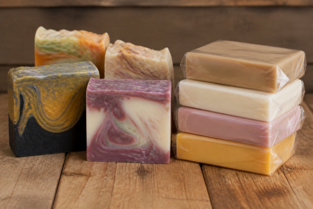 Artisanal soap bars with natural swirled colors and organic textures arranged next to conventional mass-produced bars in clear packaging, showing the visual contrast in color depth and craftsmanship