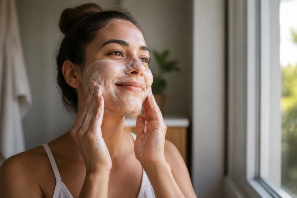 Person with visibly healthy, glowing complexion gently lathering natural soap on their face in soft natural morning light near a window