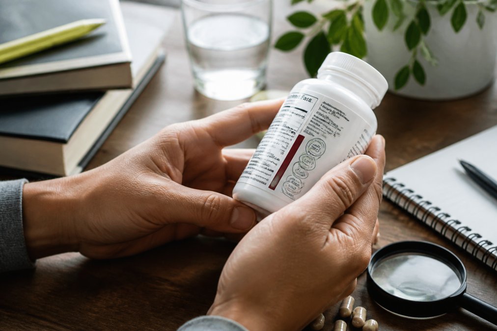 Close-up of hands carefully examining a supplement bottle label in natural lighting, with focus on ingredient lists and certification seals visible on the label