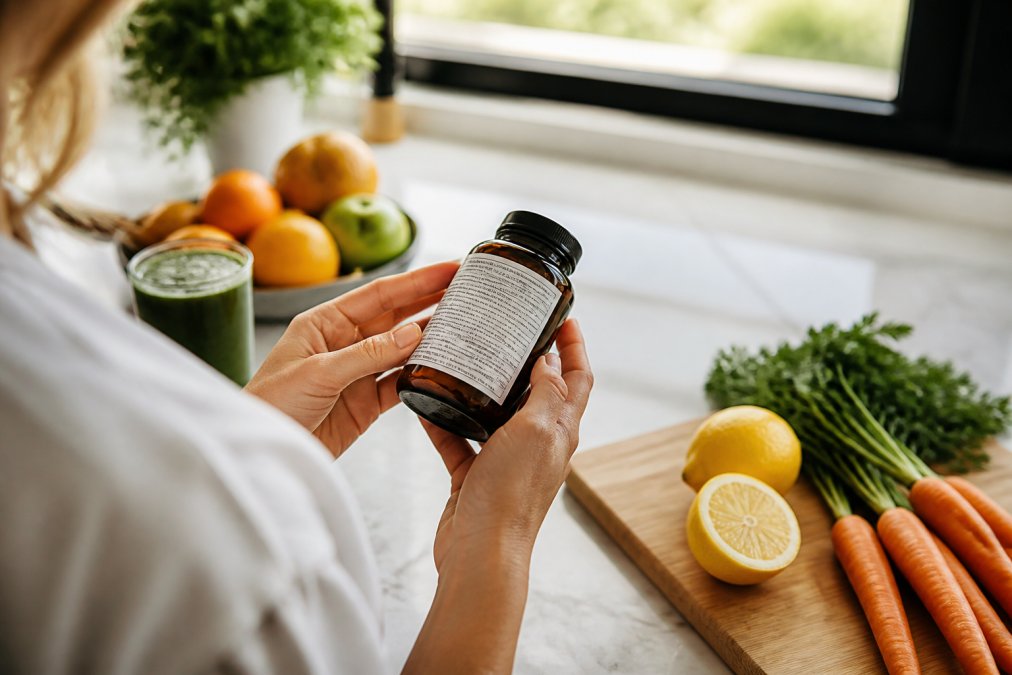 Close-up of a person's hands holding a supplement bottle, reading the label carefully in a bright kitchen with fresh fruits and vegetables visible in the background