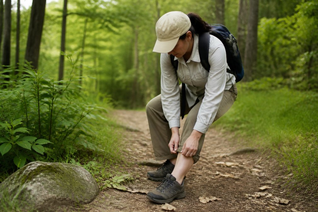 Outdoor enthusiast in protective clothing (long sleeves, tucked pants) checking their legs after a hike in a wooded area