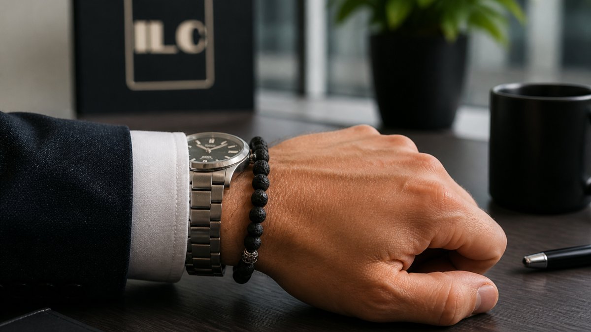 Man wearing a black lava stone beaded bracelet and silver watch at an office desk