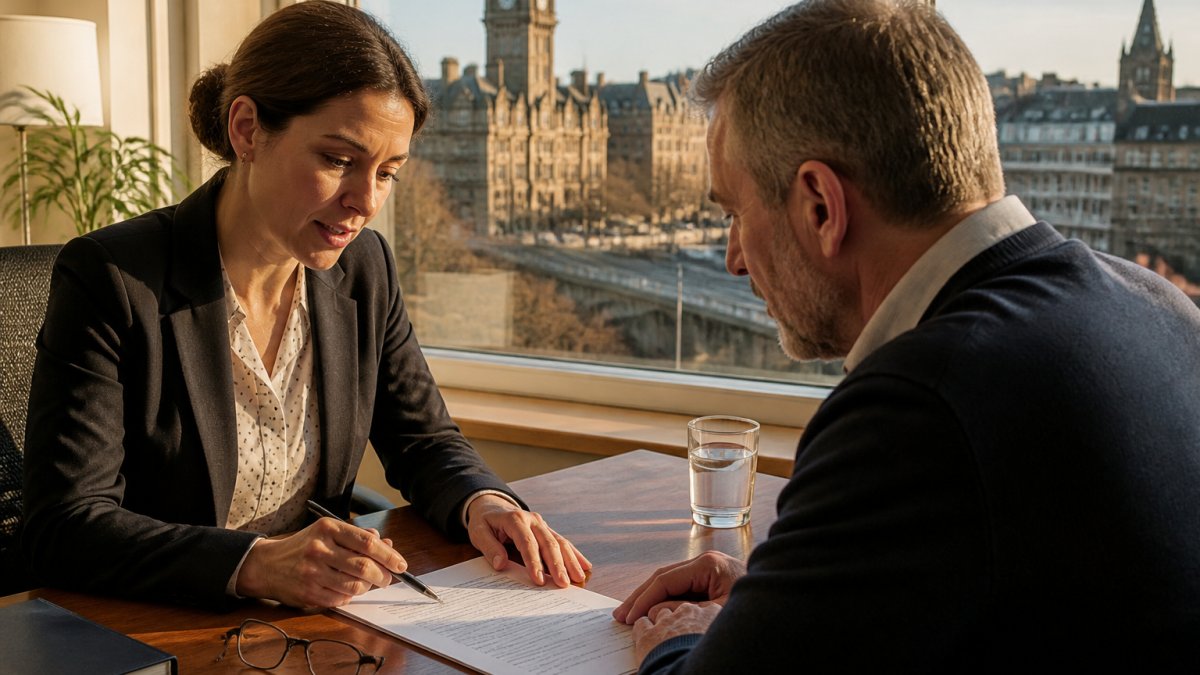 A solicitor and client reviewing a printed fee agreement across a wooden desk in a bright Glasgow office, pen and glasses in frame