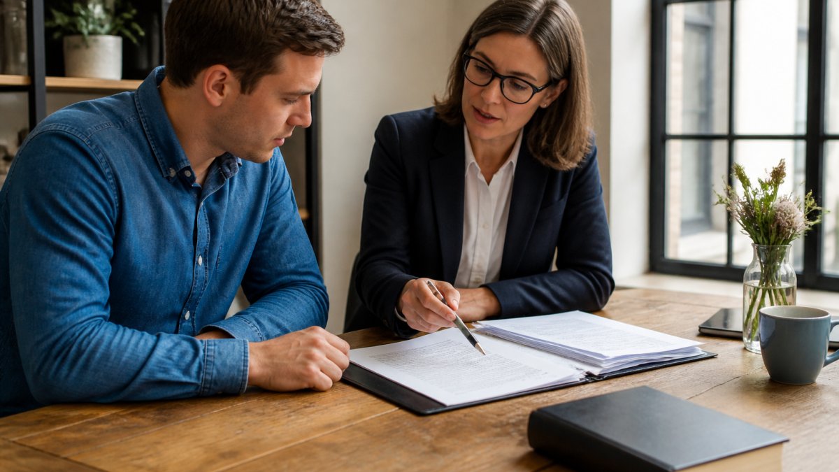 A founder reviewing incorporation documents with a legal advisor at a wooden desk, laptop open showing a share register, natural light from a window