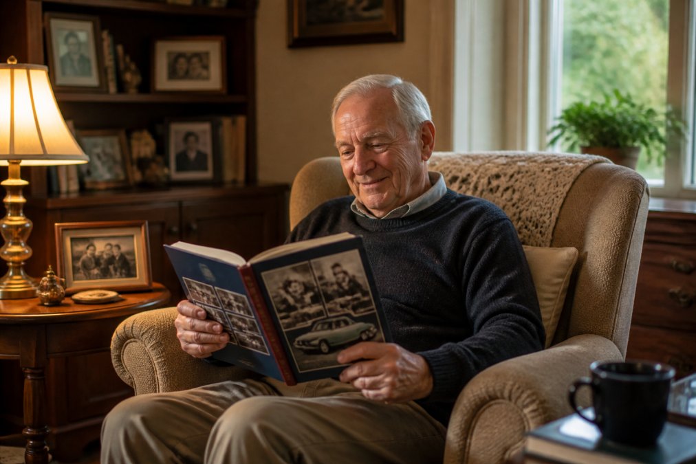 Older adult sitting in a comfortable armchair reading a nostalgia book with a warm, contented expression, surrounded by soft lighting and personal mementos
