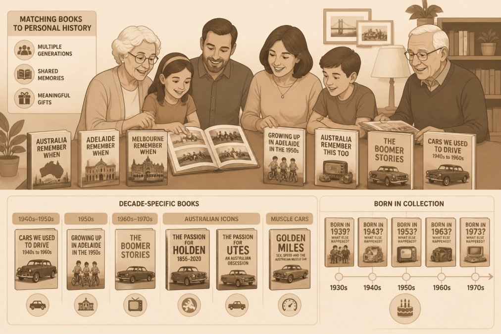 Family gathering around a table with several nostalgia books displayed, including decade-specific titles, with multiple generations looking through the pages together
