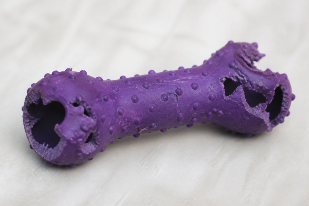 Close-up of a worn nylon chew toy showing visible cracks, fraying edges, missing pieces, and structural degradation on a light background