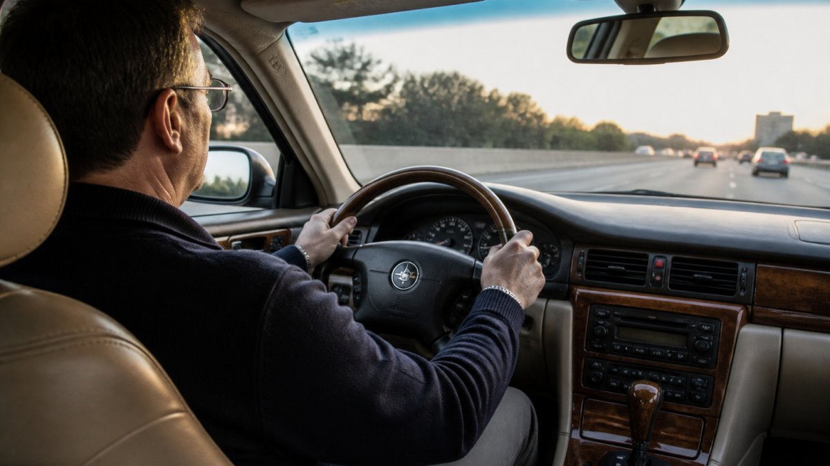 A driver sitting comfortably behind the wheel of a clean older luxury sedan during a morning highway commute, with soft natural light through the windshield and a calm, quiet cabin interior visible