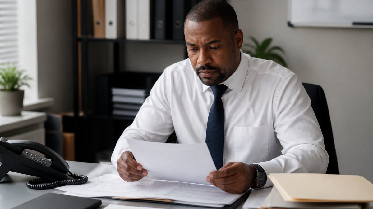 Professional sitting at desk reviewing accident report documents with computer, phone, and filing materials visible