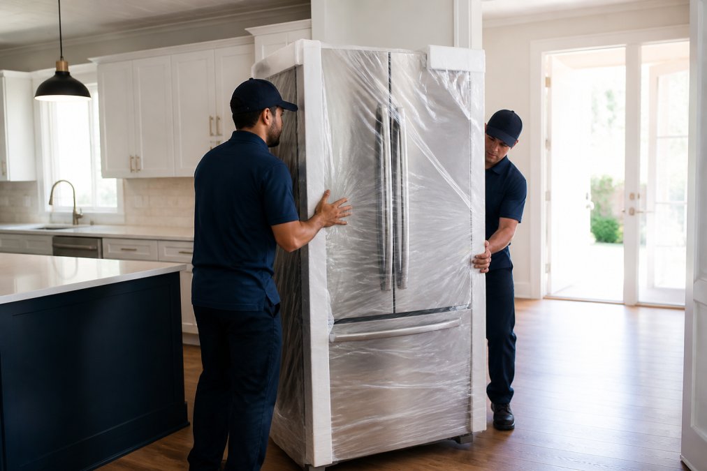 A delivery team in uniform carrying a large stainless steel refrigerator into a bright modern kitchen, the appliance wrapped in protective plastic sheeting and corner padding