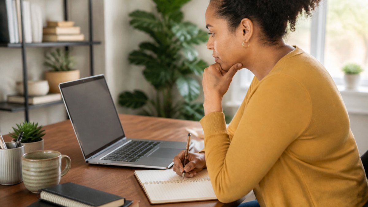 Aspiring entrepreneur reviewing online business courses on a laptop at a tidy home desk with a list of questions