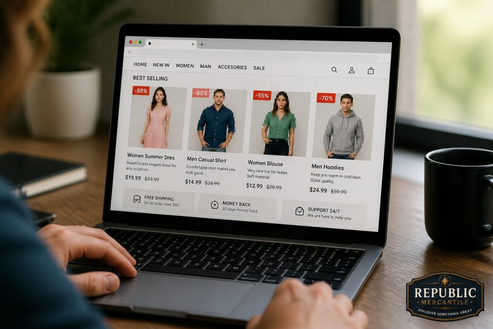 Close-up of a laptop screen showing a suspicious online clothing retailer website with pixelated product photos, generic placeholder images, mismatched fonts, and grammatical errors in product descriptions