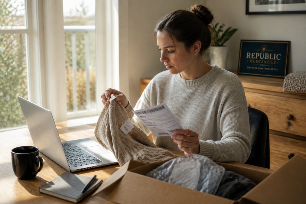 Person at home sitting at a desk reviewing an online clothing order on their laptop, carefully examining a garment's seams and fabric tags while holding a printed return label, with natural window lighting