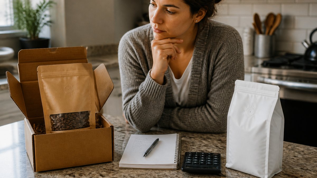 A person comparing a bag of whole bean coffee from a subscription delivery box next to a grocery store coffee bag on a kitchen counter, with a notepad and calculator nearby