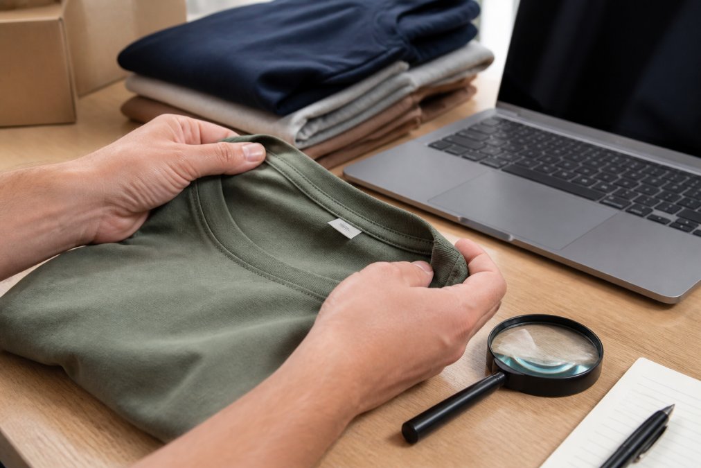 Close-up of hands examining the interior brand tag and stitching on a folded designer t-shirt, with a magnifying glass and a laptop showing an order confirmation nearby on a clean wooden table