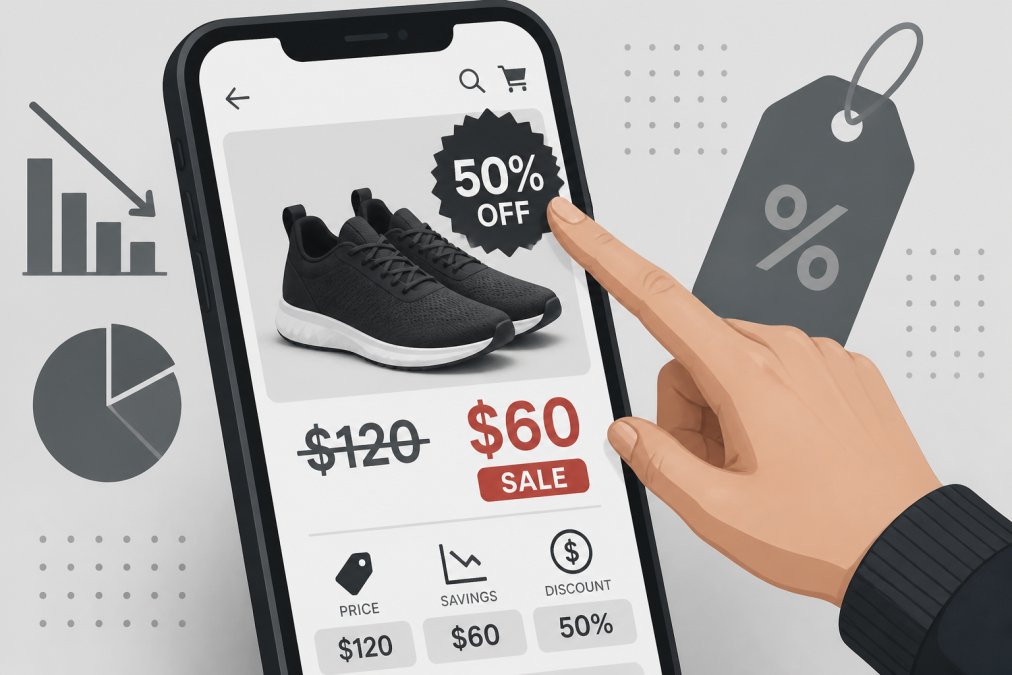 Close-up of a smartphone screen displaying a product page with a crossed-out original price of $120 and a highlighted sale price of $60 in red, with a person's hand pointing at the 50% discount percentage badge in the corner
