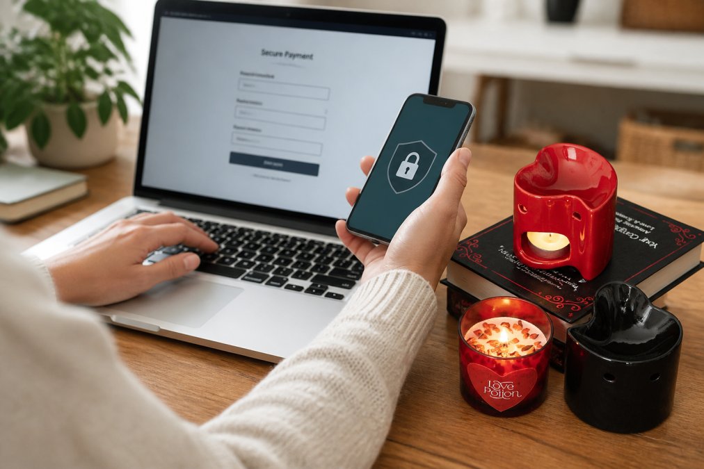 Person's hands on laptop keyboard with a smartphone showing a padlock icon and secure payment page visible on the screen, in a bright home office setting