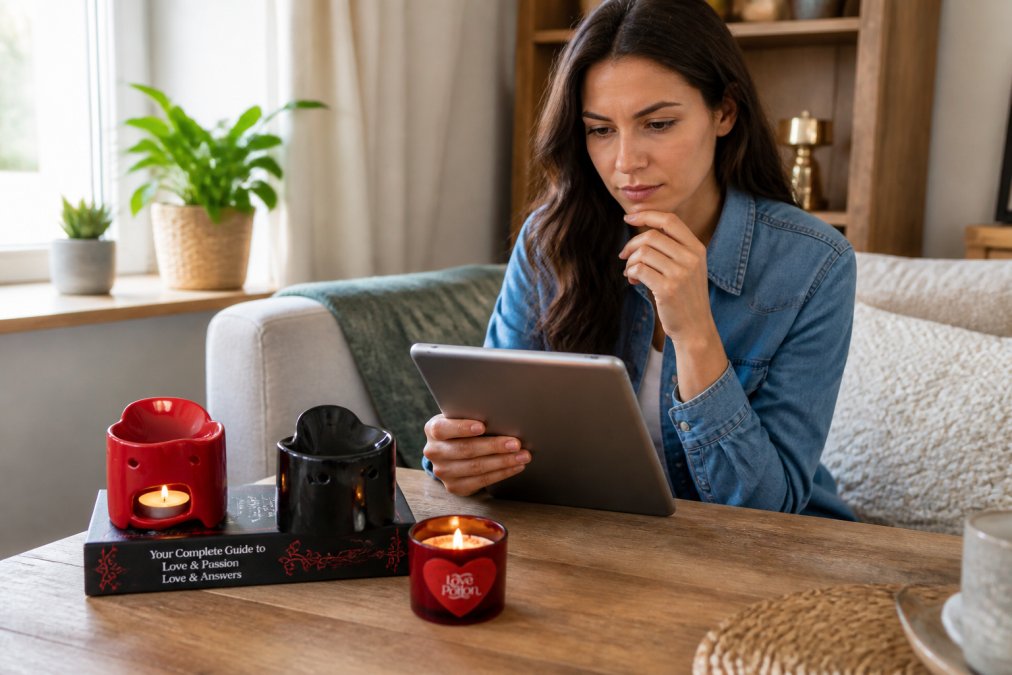 Shopper reading customer reviews on a tablet in a bright, comfortable home setting with a thoughtful expression, natural window lighting