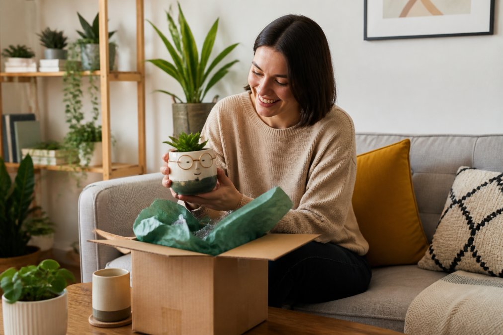 A person in a bright, modern living room smiling while unboxing a quirky ceramic plant pot gift wrapped in tissue paper, with a laptop showing a delivery confirmation email nearby