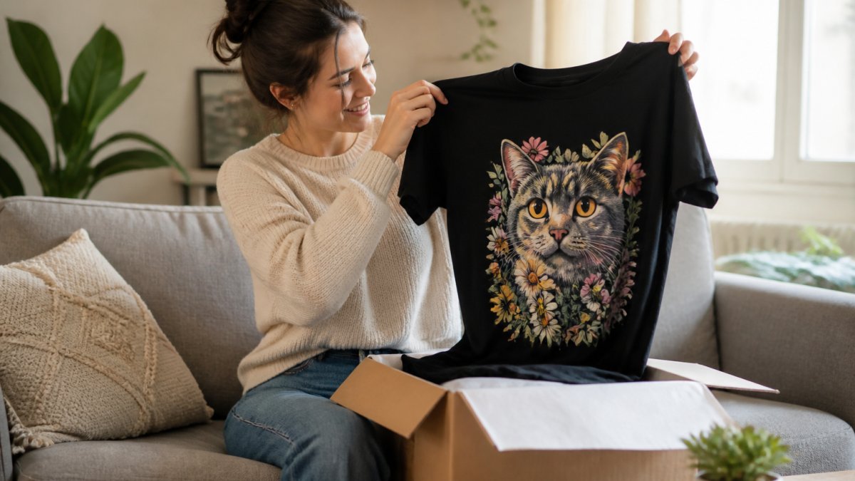 Person unboxing a custom printed graphic shirt at home, examining the print quality and garment details with natural lighting, holding the shirt up to inspect the design