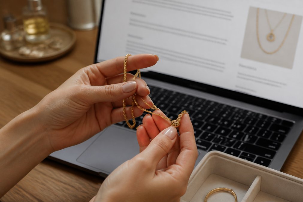 Close-up of hands examining a gold necklace under bright light, with a laptop showing an online jewelry store's policy page in the background