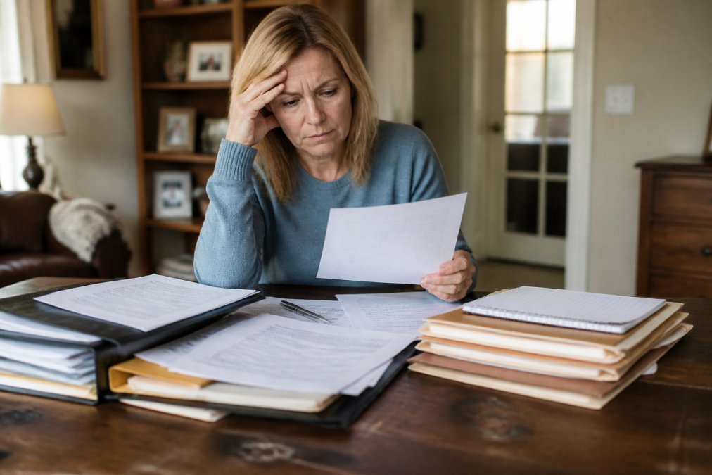 Adult child sitting at home desk reviewing estate documents and paperwork, with laptop and organized files visible, looking focused but slightly overwhelmed