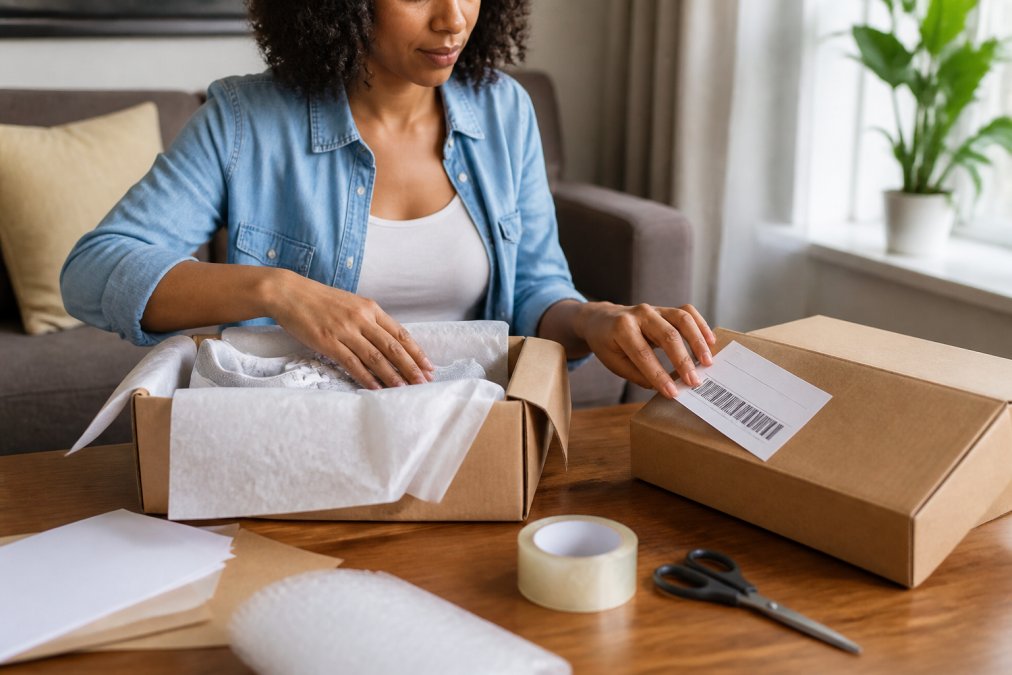 Person at home carefully placing shoes back into original box with tissue paper, attaching a prepaid return shipping label to the outside of the package, bright natural lighting from window