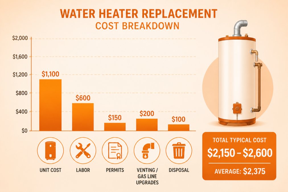 Bar chart breaking down typical water heater replacement cost components: unit cost, labor, permits, venting/gas line upgrades, and disposal