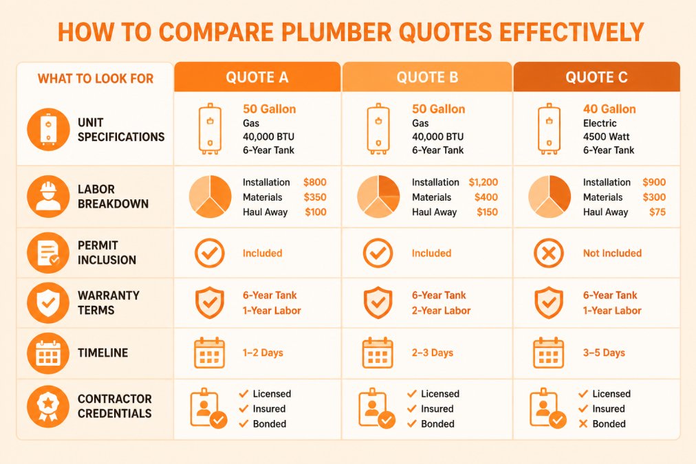 Comparison matrix showing what to look for in quotes: unit specifications, labor breakdown, permit inclusion, warranty terms, timeline, and contractor credentials